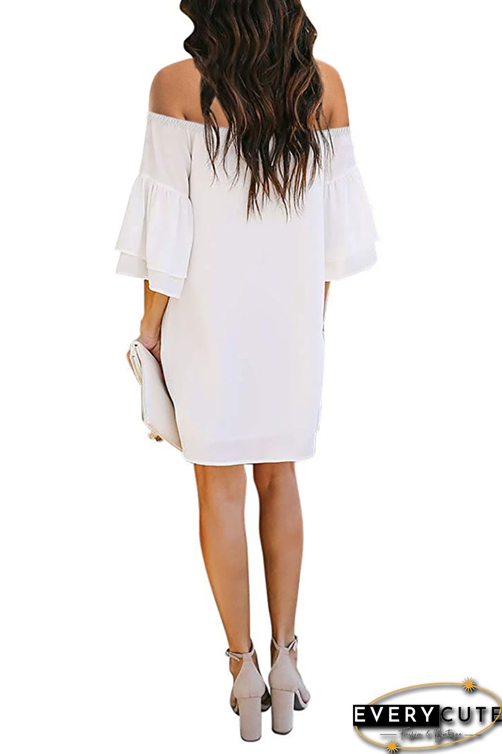 White Off Shoulder Ruffled Sleeve Shift Dress