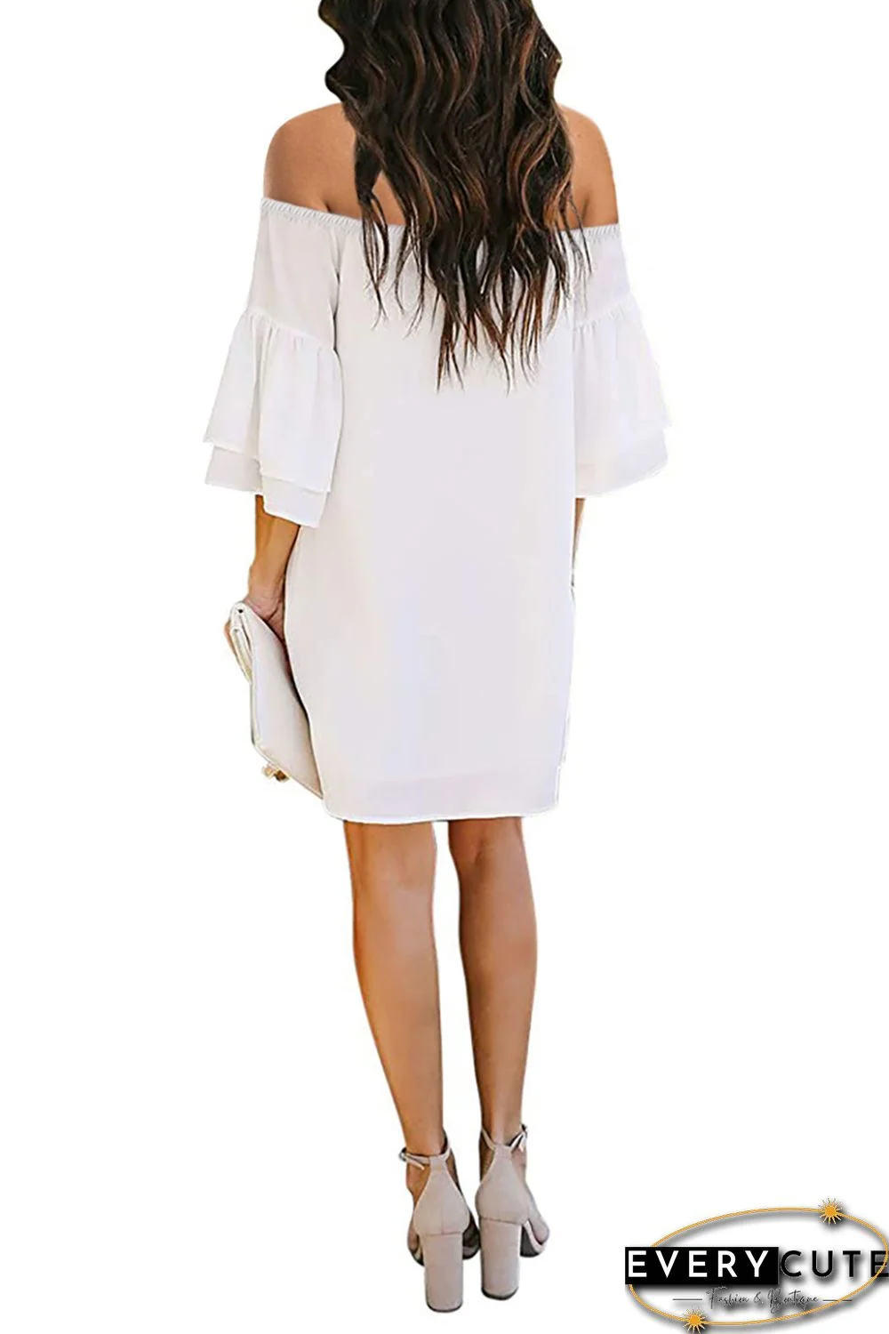 White Off Shoulder Ruffled Sleeve Shift Dress