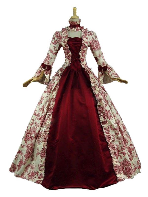 Halloween Victorian Costume Red Lace Up Floral Printed Vintage Long Dresses Women Costume Novameme