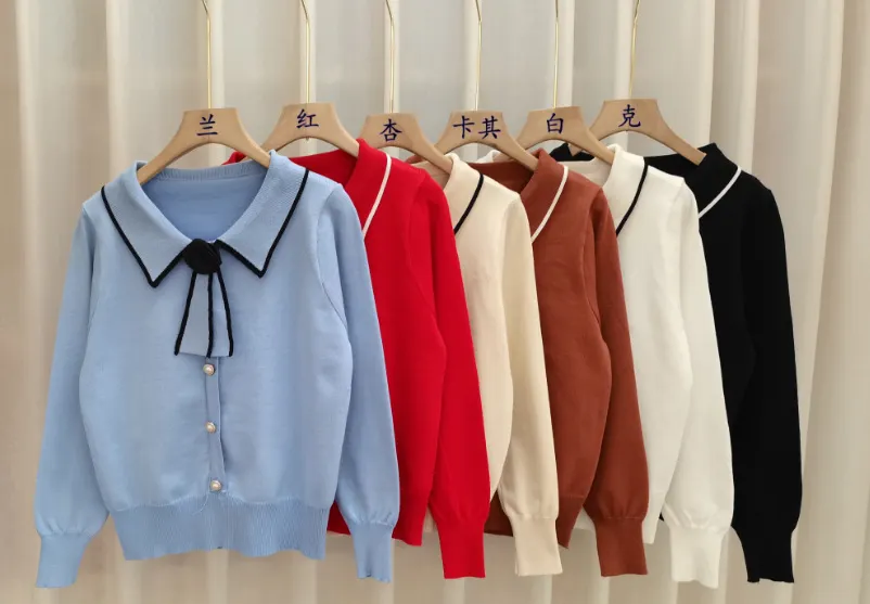 Uveng Uveng Autumn New Female Fragrant Wind Bottoming Spliced Temperament Sweater College Style Doll Collar Bow Knitted Shirt
