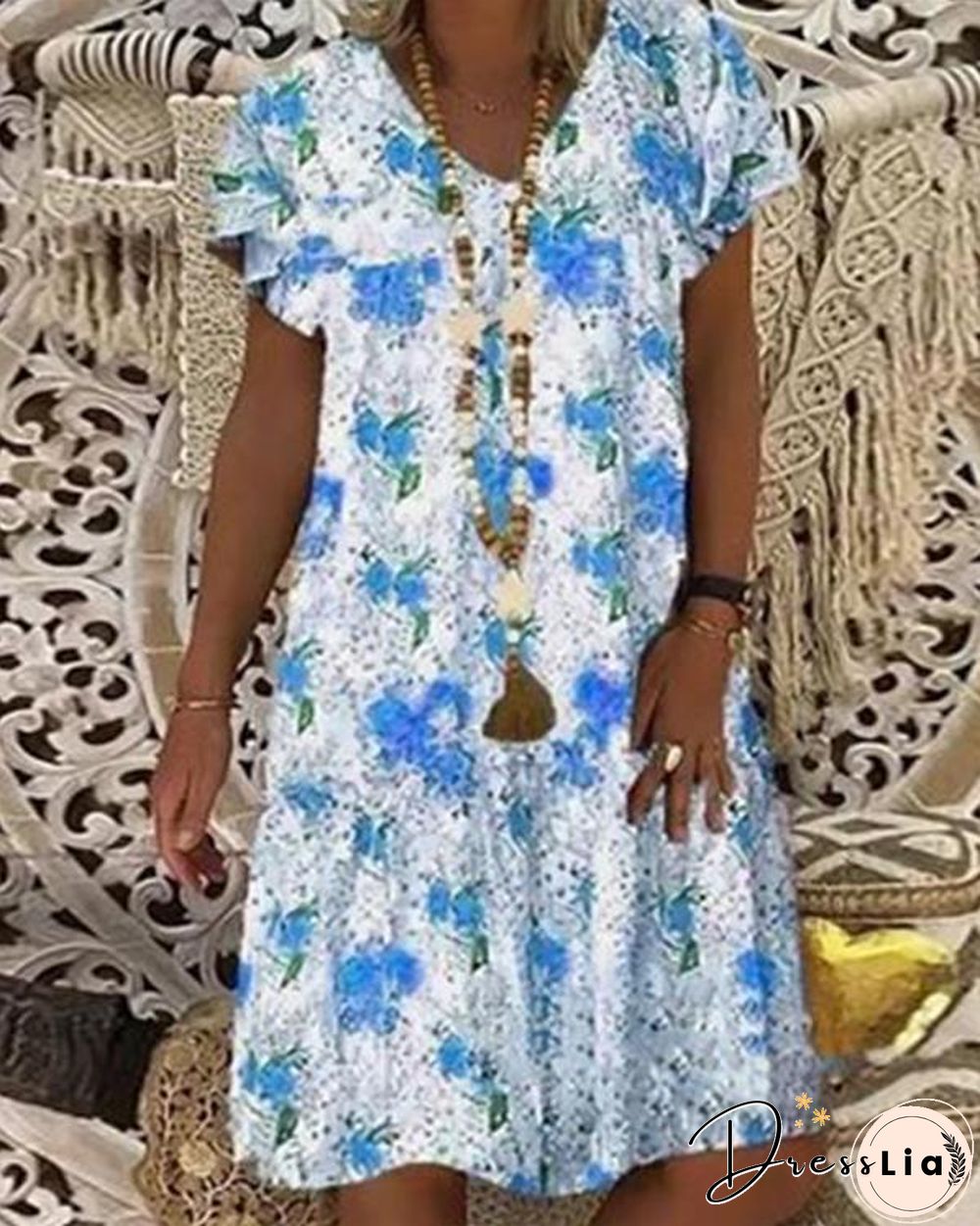 Casual Floral Tunic V-Neckline Shift Dress