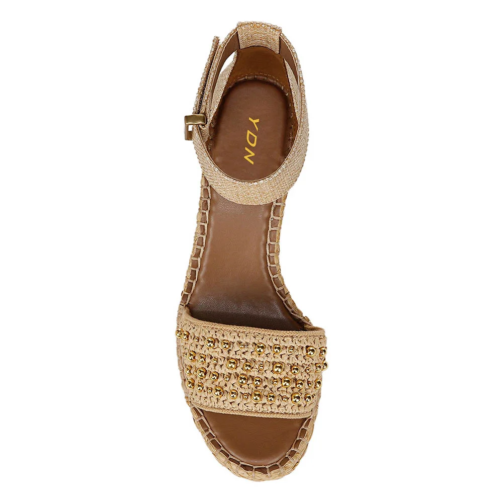 Beige Open-Toe Ankle Strap Espadrille Wedge Sandals with Beads