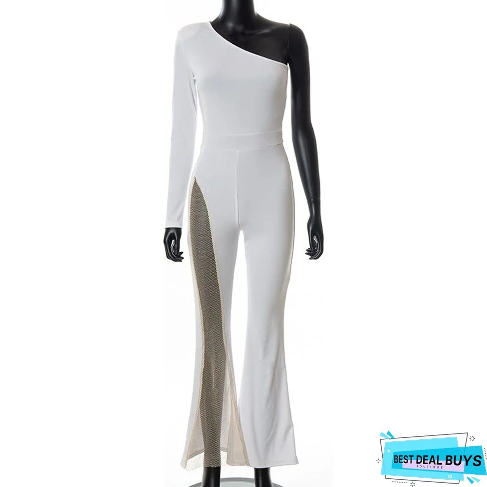 Fashion Solid Color One-Shoulder Mesh Stitching Jumpsuit