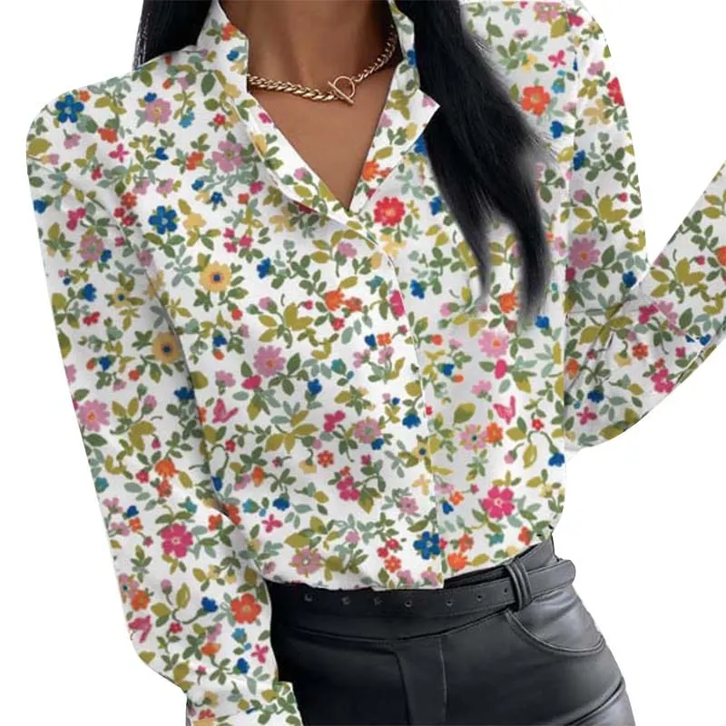 2021 Summer Floral Print Blouse Women Clothes Stand Collar Long Sleeve Office Lady Shirts Tops Female Casual Plus Size Blouses