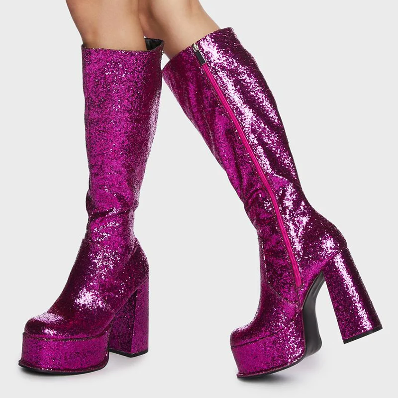 Fuchsia Glitter Zipper Boots With Platform Chunky Heels Nicepairs