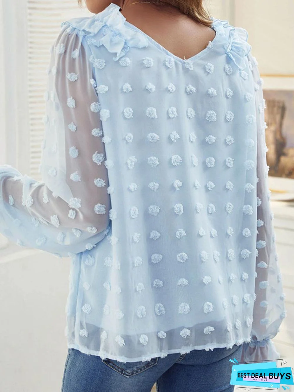 Casual Solid Color Long Sleeve V-Neck Blouse