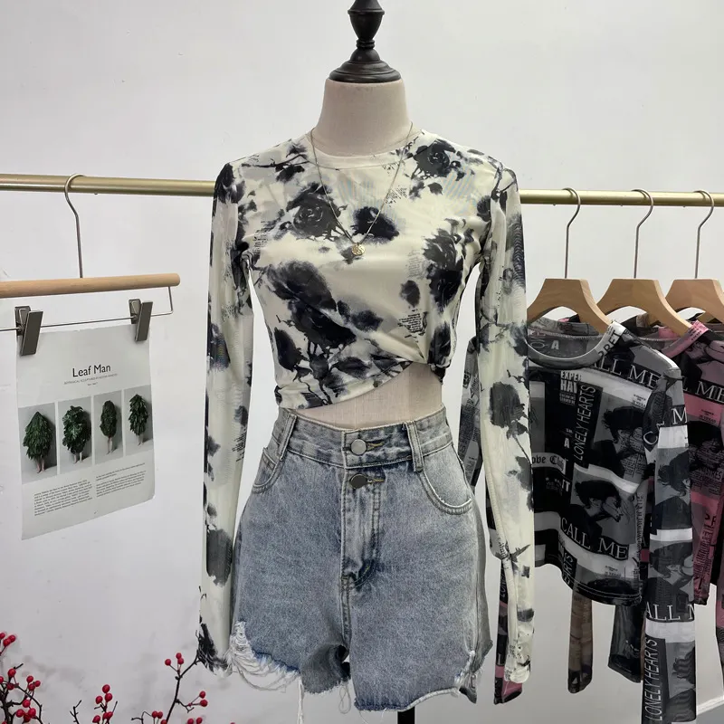 Churchf Real Shooting Front Double-Layer Tie-Dye Printing Mesh Long-Sleeved Top Short High-Waisted T-Shirt T-Shirt 8960