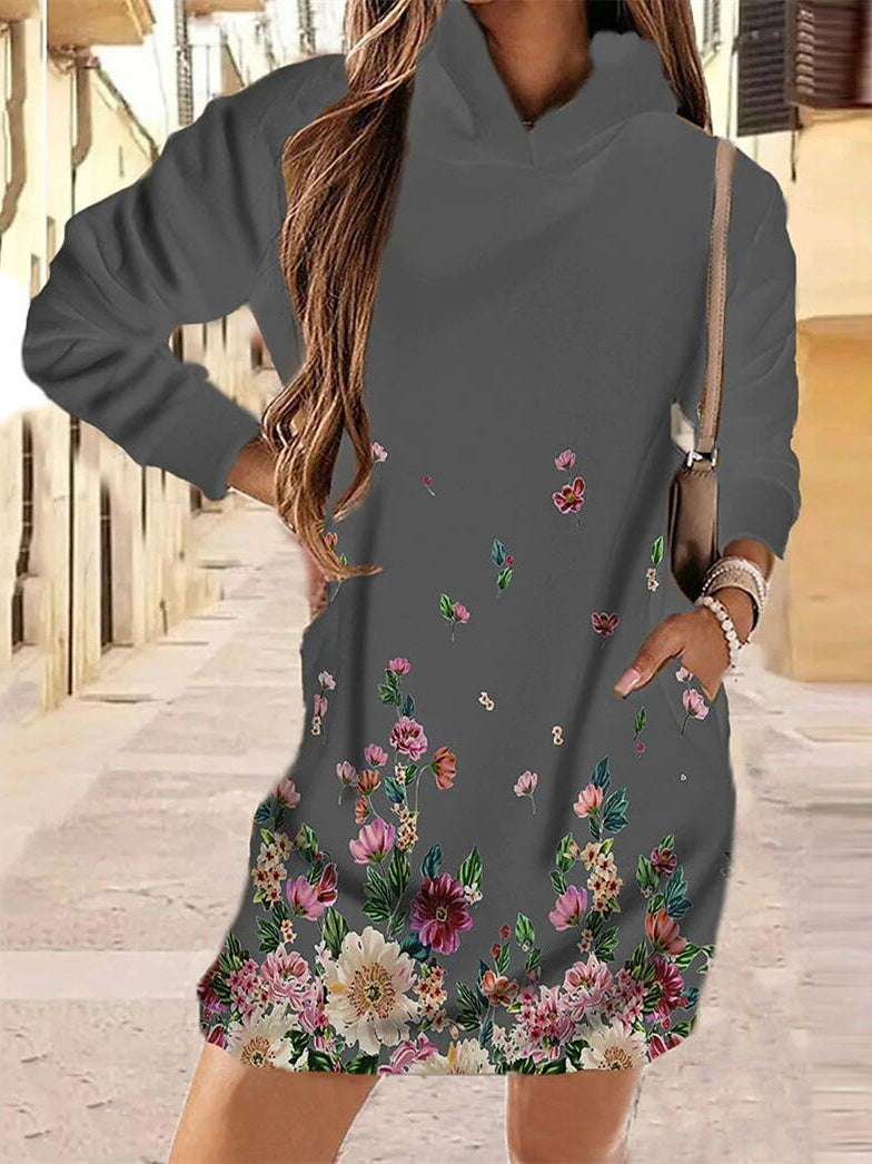 Women Dress Long Sleeve Hooded Floral Printed Mini Dress