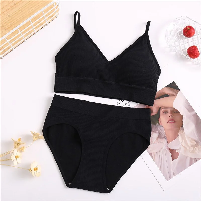 FINETOO Women Padded Bra Panties Set Soft Backless Tops Wireless Bras Set Seamless Underwear Women Lingerie Set Fitness Top S-XL