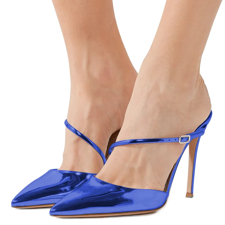Blue Patent Leather Pointed Toe Mule Heels for Office Lady |FSJ Shoes