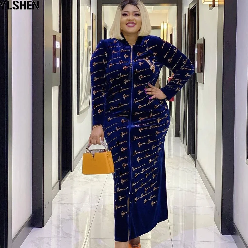 Cartoonh Velvet Long Maxi Dress African Dresses for Women Clothing Plus Size Dashiki Full Diamonds Robe Femme Hiver 2021Robe Africa Dress