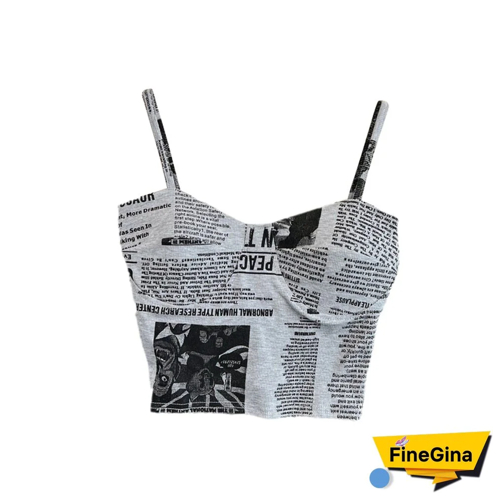 Women Push Up Camisole With Bra Sexy Top Women Suspender Tank Fashion Printed Newspaper Camis Female Soft Sleeveless Top