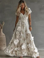 Women's Vintage Boho Floral Art  Short-sleeved Maxi Dress