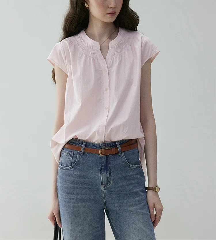 Athvotar Athvotar Round Collar Small Flying Sleeve Commuting Shirt Women 25 Summer French Loose Pressure Fold Design Sense Casual Good-Looking Top