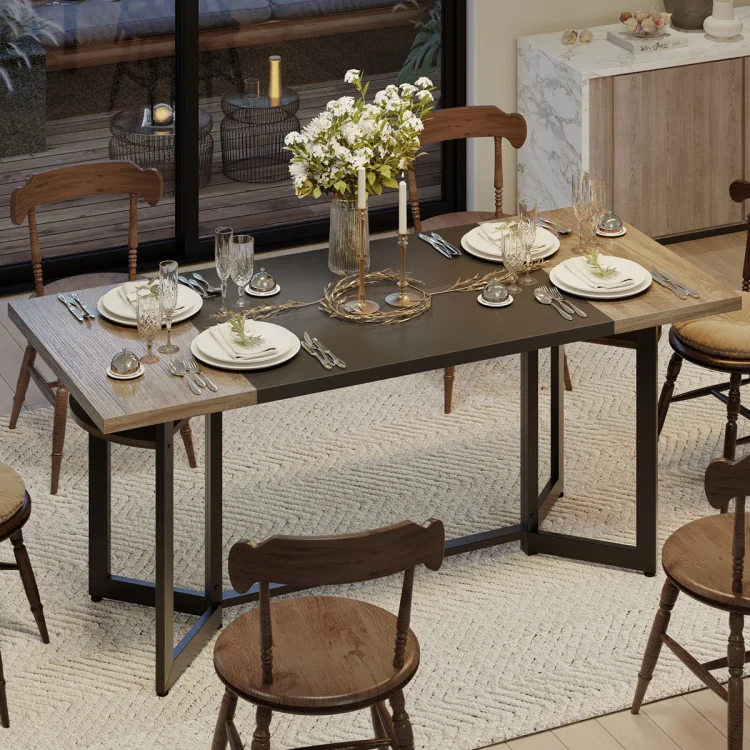 Bestier Bulut 70inch Rectangle Brown Dining Tables For 6-8 People, Wooden Kitchen Tables with Wooden Shelves and Metal Legs Gray&Black