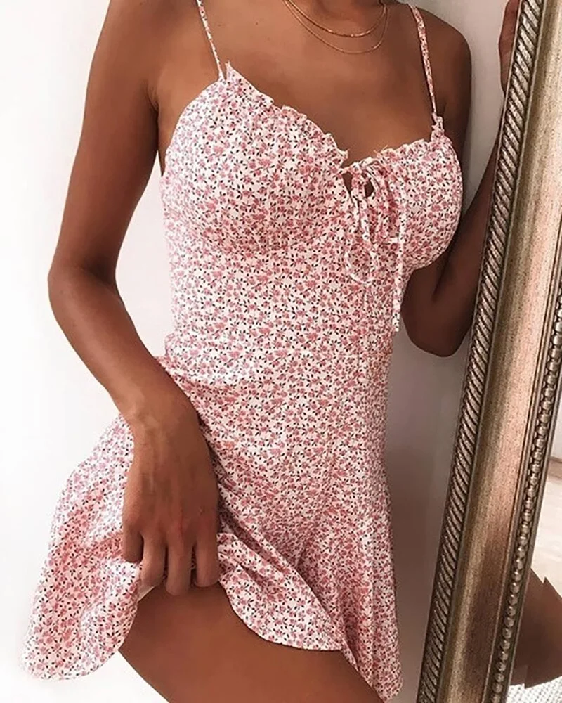 Women Summer Mini Dress Tie Front  Elegant Sexy Off Shoulder Ruffle Party Dress Femme Backless A-Line Dresses Floral Print tops