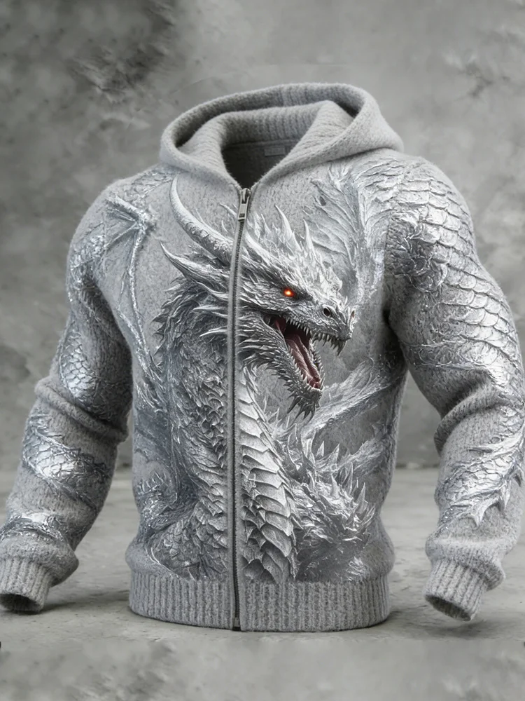 Silver Celtic Dragon Pattern Men's Cozy Full-zip Hooded Sweater
