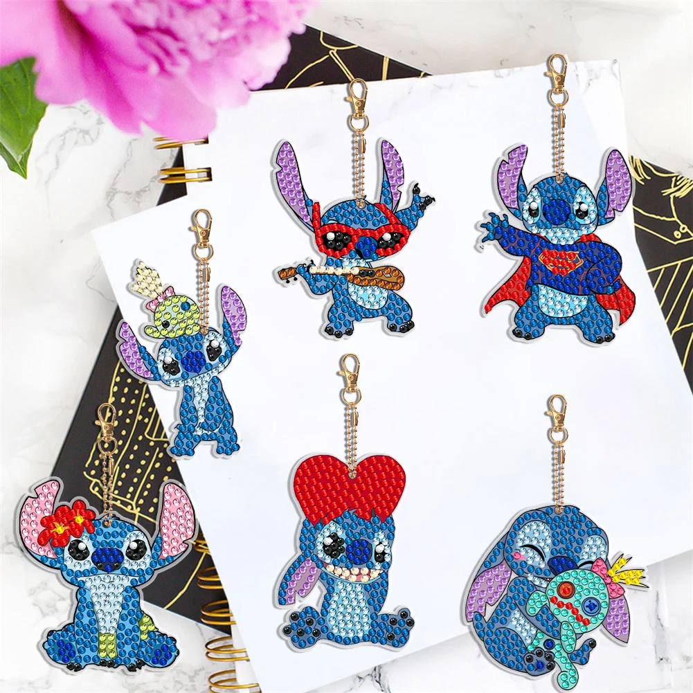 6pcs DIY Stitch Diamond Keychains Pendant Double Sided Diamond Art Keychains