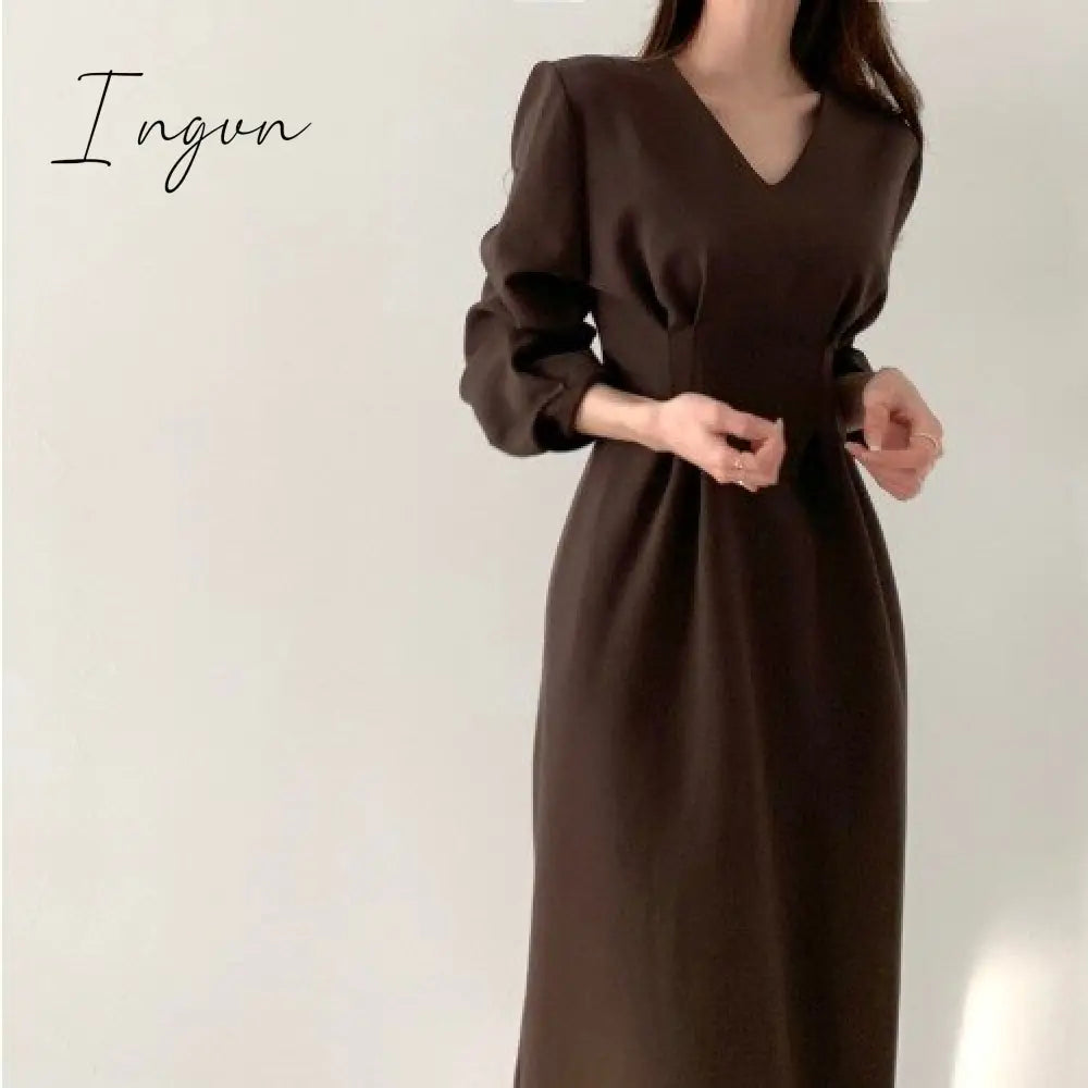 Ingvn - Spring Autumn Women Solid Black Elegant Office Lady V Neck Fashion Long Korea Chic Dress