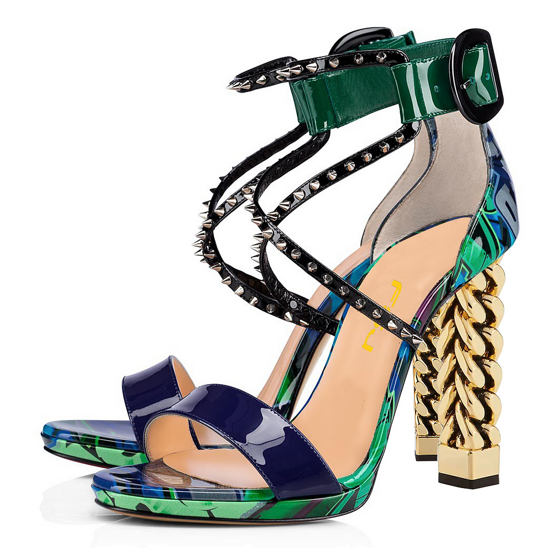 Multicolor Sandals With Ankle Strap Rivet Decorative Heel Sandals Nicepairs