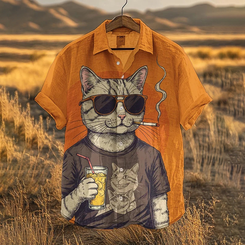 Men's Vintage Cat Smoking Beer Print Casual Shirt  artssus