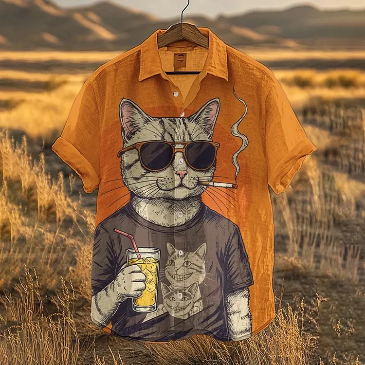 Men's Vintage Cat Smoking Beer Print Casual Shirt