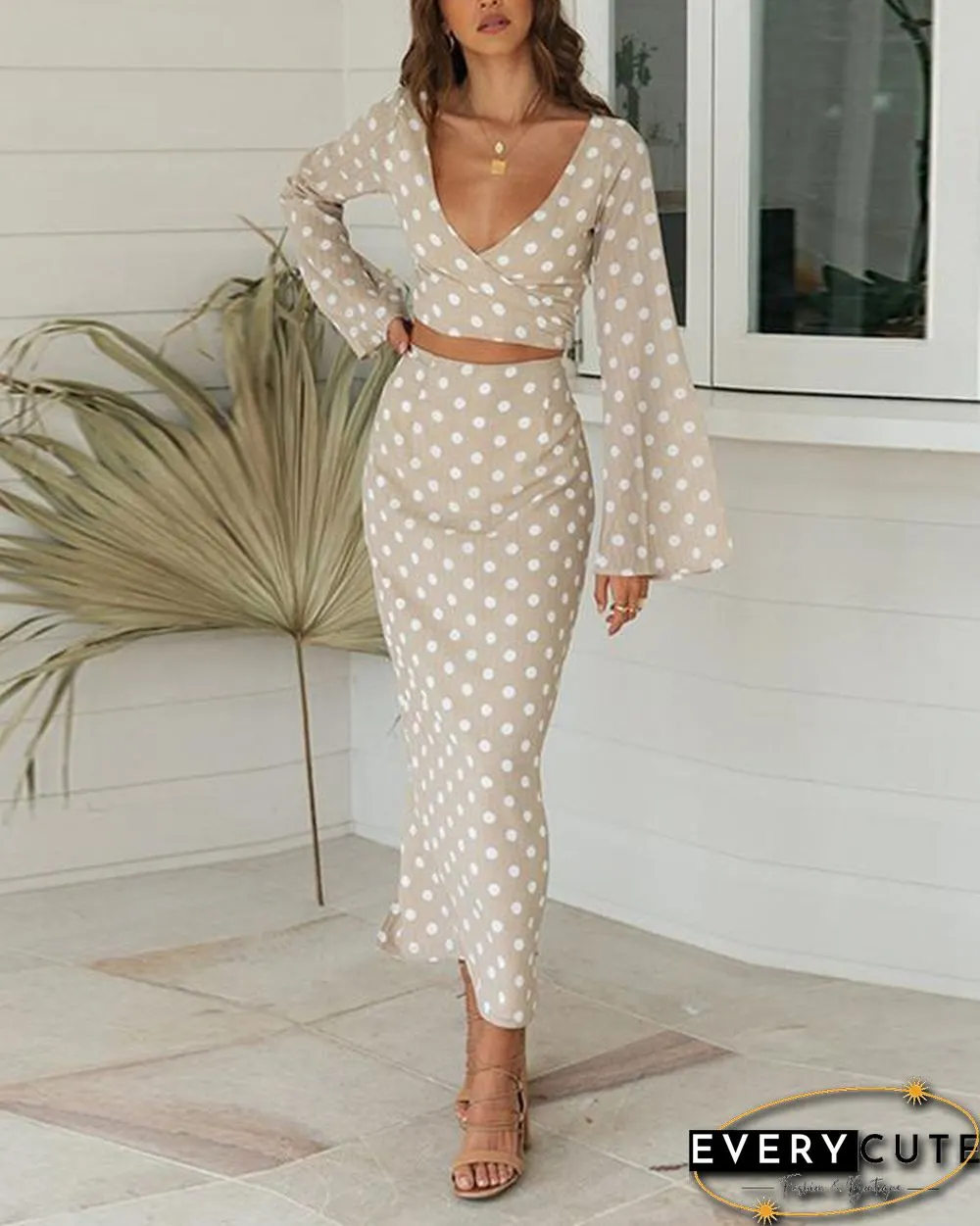 Elegant Polka Dot V-neck Lace Up Two Piece Skirt Suits