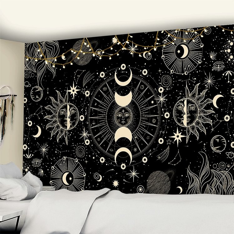 White Black Sun Moon Mandala Starry Sky Tapestry Wall Hanging Bohemian Gypsy Psychedelic Tapiz Witchcraft Astrology Tapestry