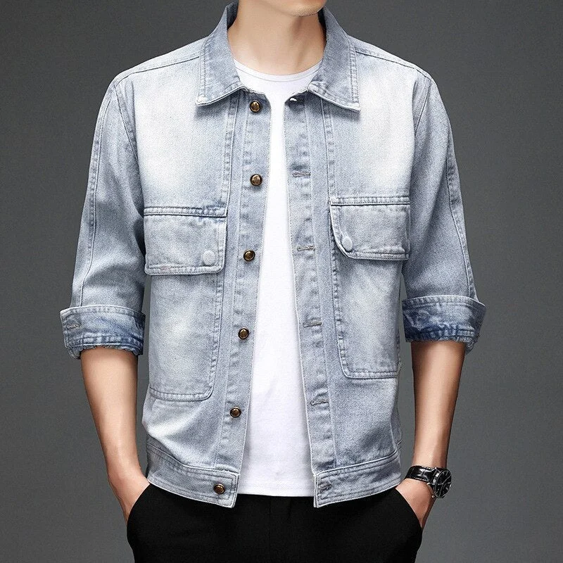 Oocharger Classic Blue Pockets Spring and Autumn Denim Jacket 2023 New Men Fashion Korean Slim Fit Jeans Jacket