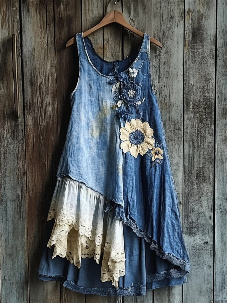 Flowers Denim Textile Lace Patchwork Tank Dress