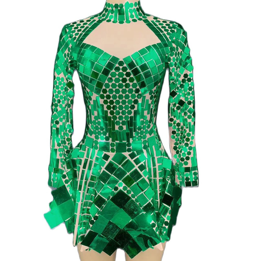 GOOSHOE Sequined Mirror Reflective Short Dresses Long Sleeve Turtleneck Dresses Outfit Jazz Costume