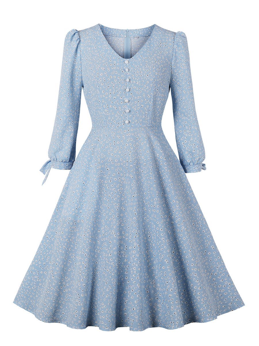 Women's Floral Dress V-Neck Long Sleeve Button Swing Dress
