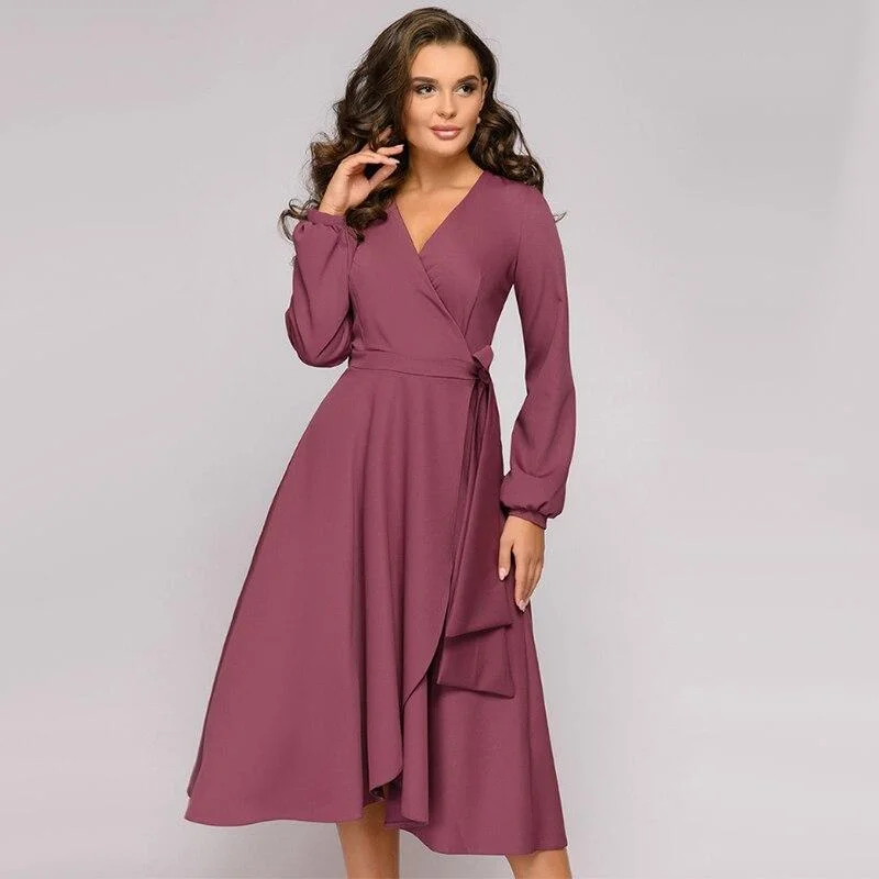 Women Vintage Sashes A-line Party Dress Long Sleeve Sexy V neck Solid Elegant Casual Beach Dress 2020 Summer New Fashion Dress