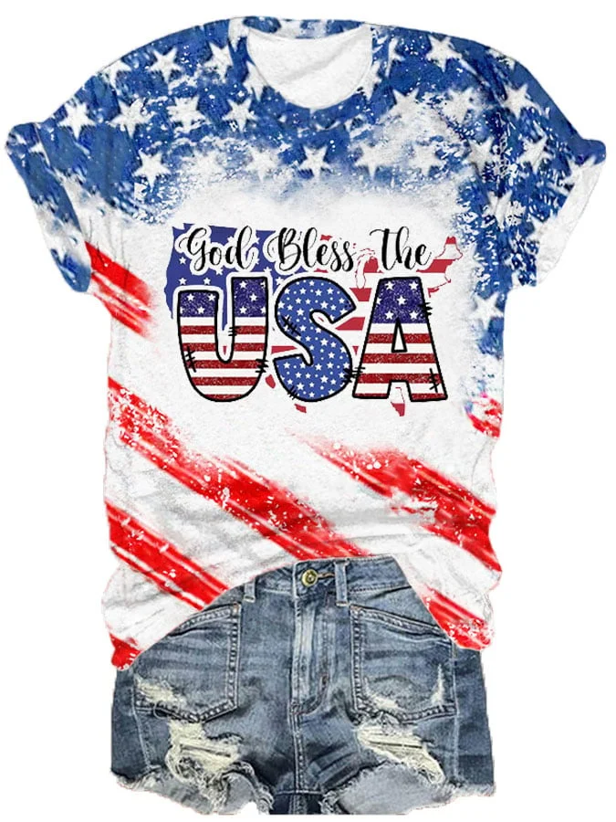 Women's Independence Day Dod Bless The USA Printed Crewneck T-Shirt socialshop