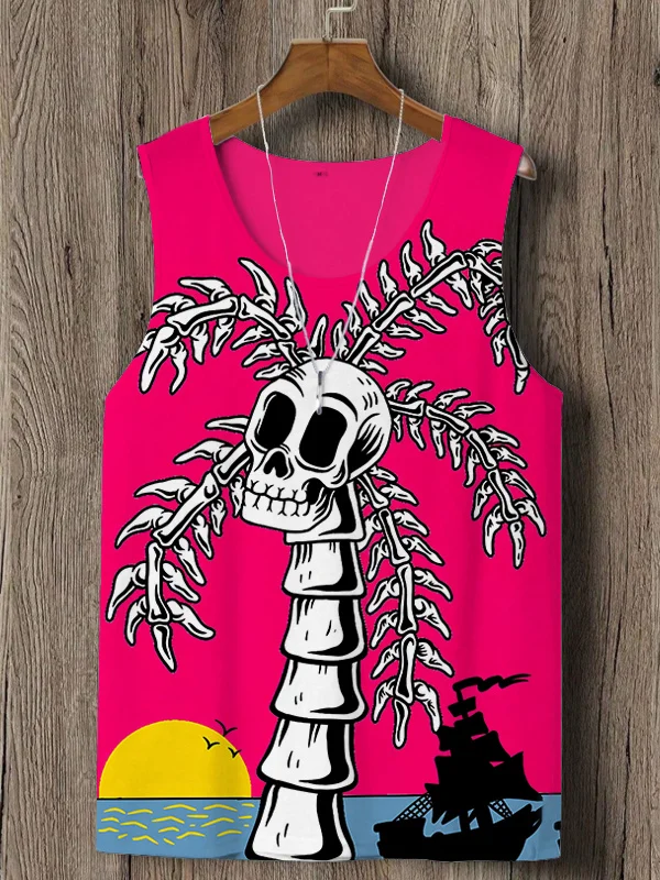 Men's Vacation Style Skull Tree Art Printed Tank Top
