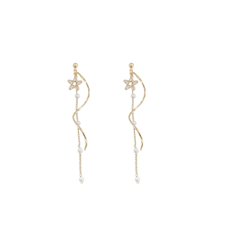 925 Silver Needle Long Star Tassel Pearl Earrings Women  Style Fashion  Elegant Earrings High Quality