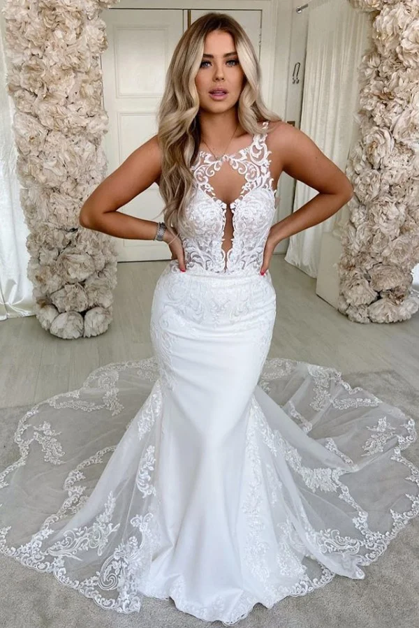 Spaghetti-Straps Satin Backless Long Mermaid Wedding Dress With Lace