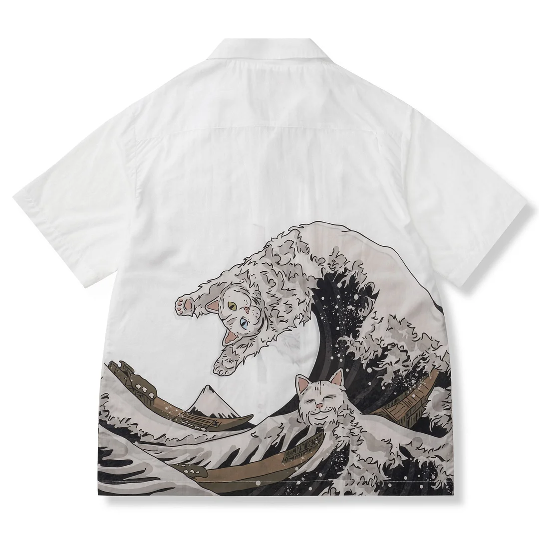 【予約】和柄『神奈川沖浪裏と波乗り猫』浮世絵風アロハシャツ