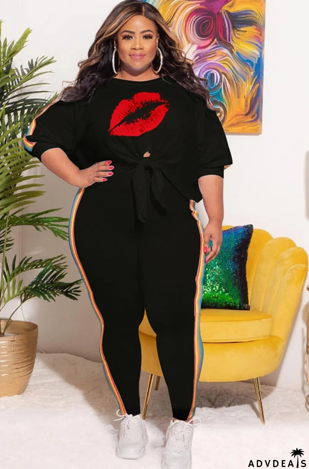 Autumn Plus Size Print Black Knotted Shirt and Pants Set
