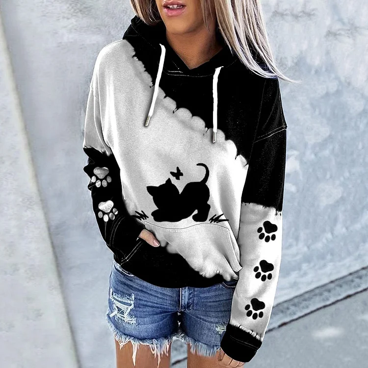 Vefave Casual Cat Colorblock Print Hoodie