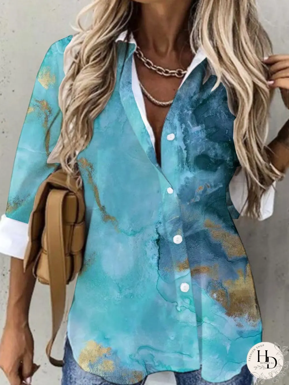 Casual Sea Long Sleeve Shirt Collar Printed Tops Blouses