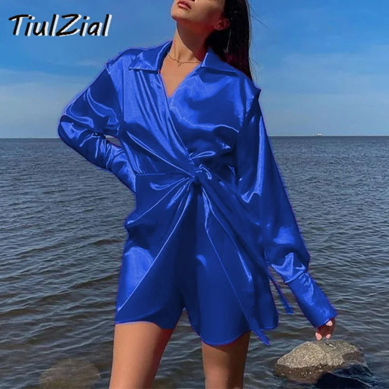 Green Long Sleeve Mini Satin Dress Nothed Lace Up Bandage Wrap Summer Dress High Waist Casual Shirt Dresses Women Blue