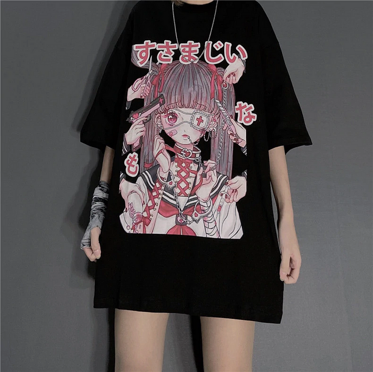 Gothic Girl Anime  Printed T-Shirt - Gotamochi Kawaii Shop, Kawaii Clothes