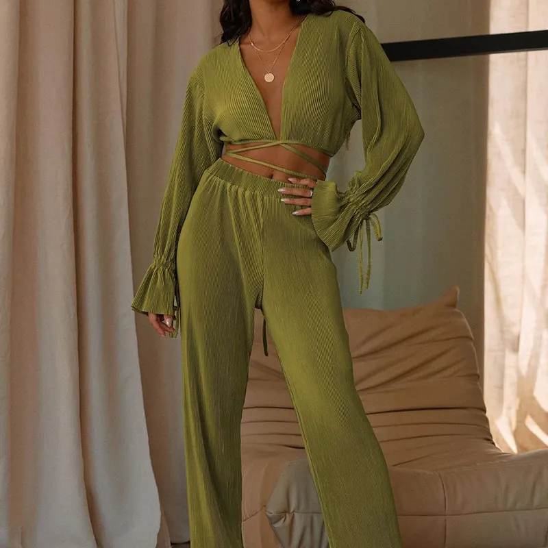 Autumn Solid Color Women Clothing V Neck Casual Sexy Suit Clothes