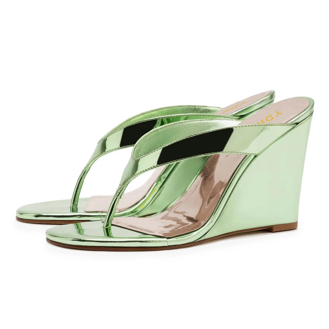 Light Green Metallic Finish Open Toe Wedge Sandals for Women
