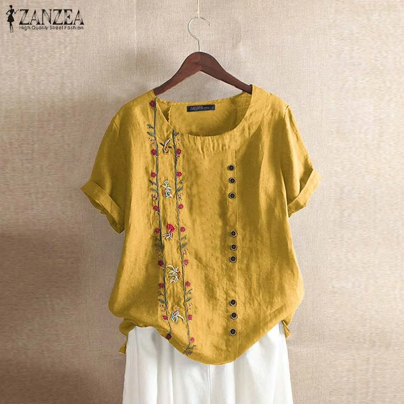 ZANZEA Women Cotton Linen Blouse Summer Short Sleeve Shirts Vintage Floral Embroidery Tunic Tops Casual Female Blusas Chemise