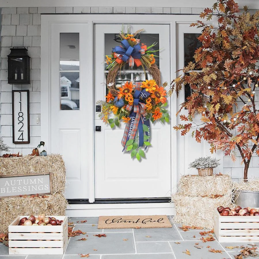 Blue Autumn Pumpkin Swag Fall Door Wreath