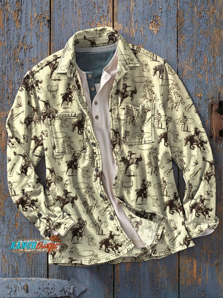Men’s Cowboys Rodeo Western Horses Art Print Casual Zip Henry Shirt As Picture / S