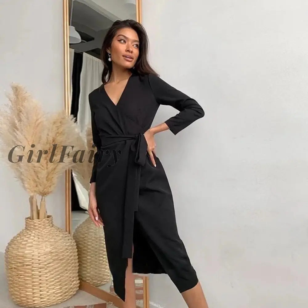 Women Cross Slim Party Dress Sexy V Neck Long Sleeve Sashes Office Lady Casual Autumn Winter New