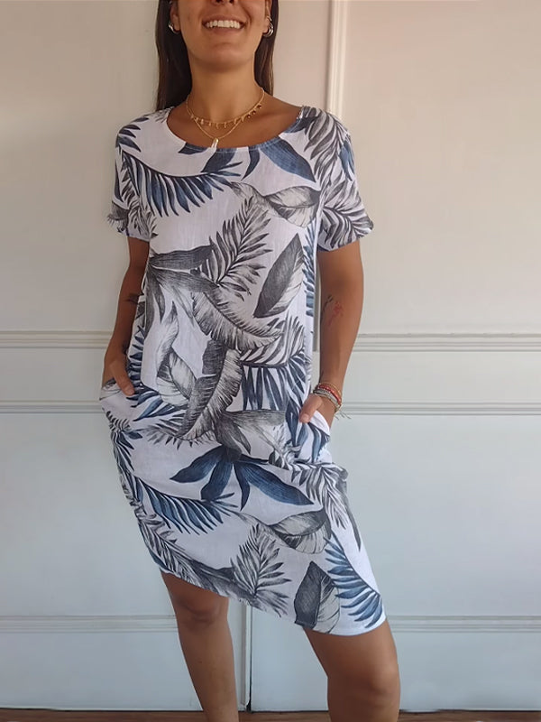 aldorian™-Women's Cotton & Linen Round Neck Printed Dress